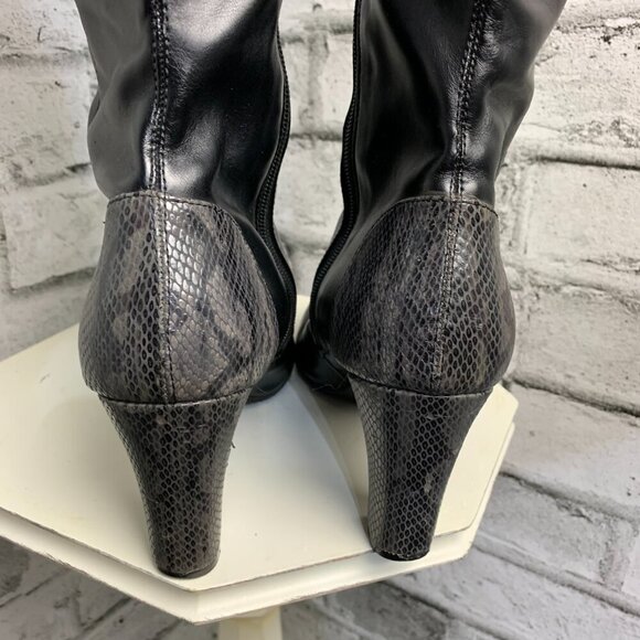 Liz Claiborne Black Faux Leather Snakeskin Block Heel Knee High Boots - Picture 7 of 13